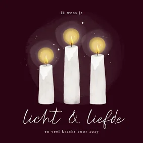 Kerstkaart licht en liefde kaarsjes bordeaux