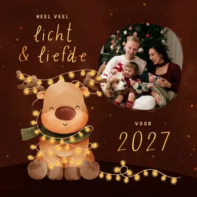 Kerstkaart licht & liefde rendier met lampjes en foto