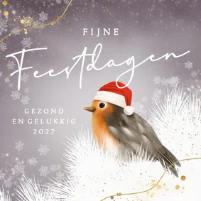 Kerstkaart lief roodborstje met kerstmuts in sneeuw