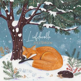 Kerstkaart lief vosje slaapt onder een boom