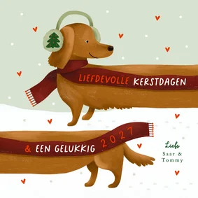 Kerstkaart liefde teckel sjaal sneeuw oorwarmers