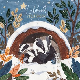 Kerstkaart lieve dassen familie in de sneeuw