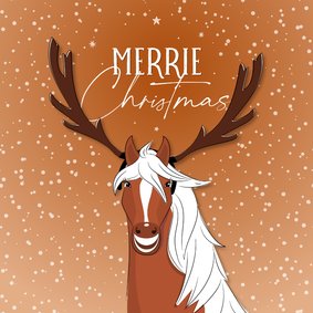 Kerstkaart Merrie Christmas illustratie paard met gewei