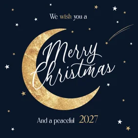 Kerstkaart merry christmas sterrenhemel maan goud