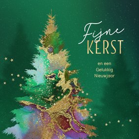 Kerstkaart met abstracte kerstboom in goud en groen