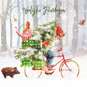 Kerstkaart met de kerstboom op de fiets