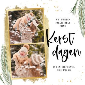 Kerstkaart met dennetakjes spetters en goudlook foto strips