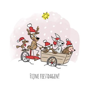 Kerstkaart met dieren in bakfiets