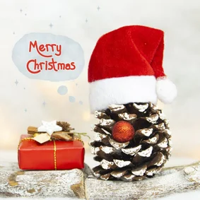 Kerstkaart met een dennenappel met een kerstmuts op