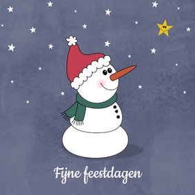 Kerstkaart met een schattige sneeuwpop en sterren