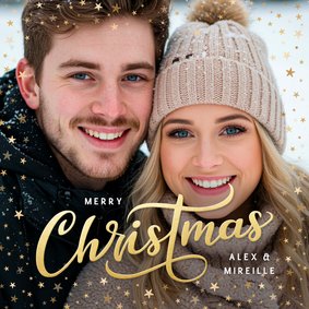 Kerstkaart met eigen foto en gouden sterretjes kader