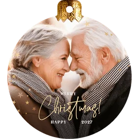 Kerstkaart met eigen grote foto uitgesneden in kerstbal vorm