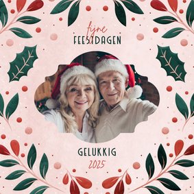 Kerstkaart met foto en vrolijke blaadjes