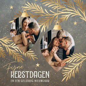 Kerstkaart met foto's en kerstballen taupe goud