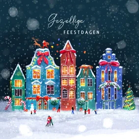 Kerstkaart met gezellig kerstdorpje