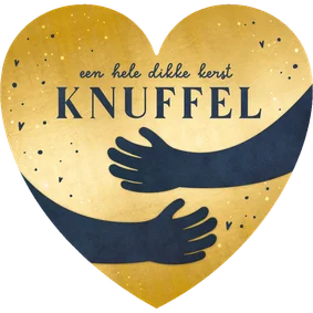 Kerstkaart met gouden hart en kerst knuffel er op.