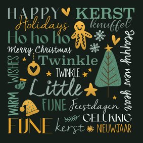 Kerstkaart met handlettering in groene en gele tinten
