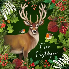 Kerstkaart met hert, roodborstjes en takjes