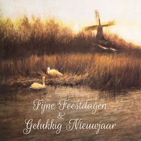 Kerstkaart met Hollands landschap en zwanen