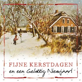Kerstkaart met Hollandse boerderij en spelende kinderen