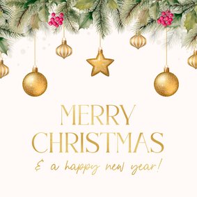 Kerstkaart met hulst besjes en gouden kerstballen hangend