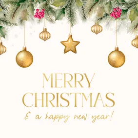 Kerstkaart met hulst besjes en gouden kerstballen hangend