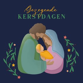 Kerstkaart met illustratie Jozef Maria en Jezus sterren