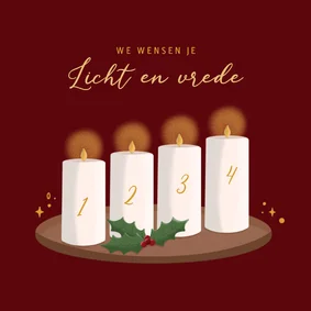 Kerstkaart met illustratie vier advent kaarsen en hulst