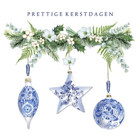 Kerstkaart met kerstballen in Delfts blauw