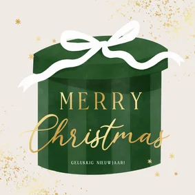 Kerstkaart met kerstcadeau strik en gouden spetters
