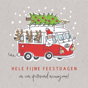 Kerstkaart met kerstman en 3 rendieren in vw busje