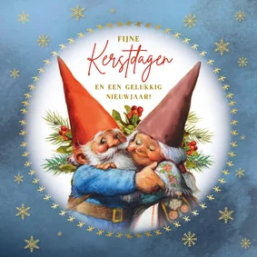 Kerstkaart met knuffelende kabouters in cirkel