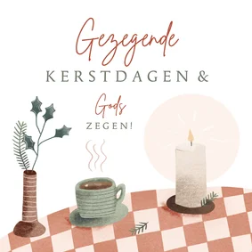 Kerstkaart met kopje kaars en kersttak en bijbeltekst