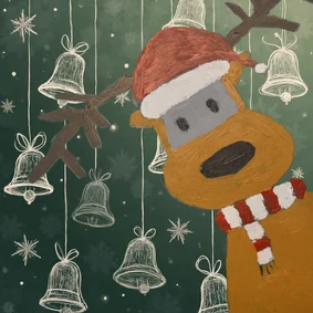 Kerstkaart met rendier en kerstklokjes