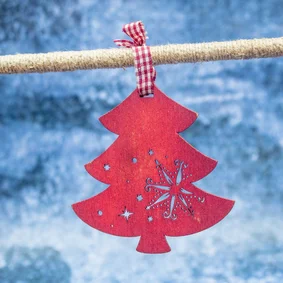 Kerstkaart met rode kerstboom hangend aan een tak 