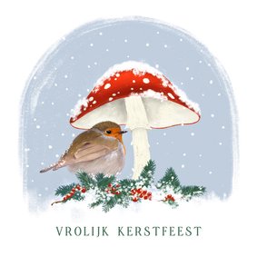 Kerstkaart met roodborst onder paddenstoel