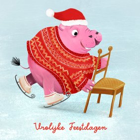 Kerstkaart met schaatsend nijlpaard