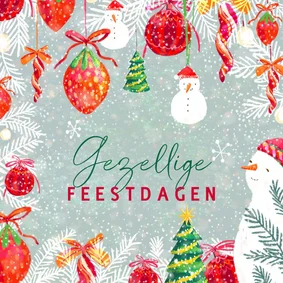 Kerstkaart met sneeuwman en kerstballen