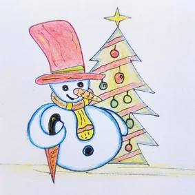 Kerstkaart met sneeuwpop en kerstboom