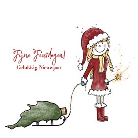 Kerstkaart met tekening van een lief kerstmeisje