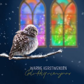 Kerstkaart met uil in de sneeuw