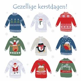 Kerstkaart met verschillende kersttruien