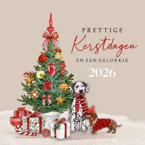 Kerstkaart met versierde kerstboom en hondjes