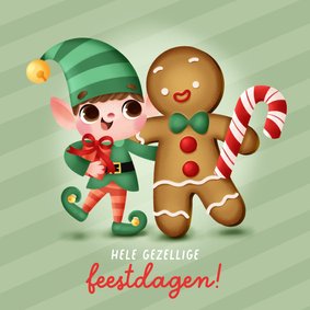 Kerstkaart met vrolijk kerstelfje en gemberkoek mannetje