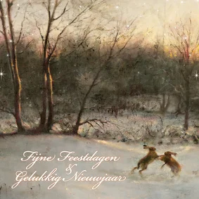 Kerstkaart met wintertafereel 'Hazen in het bos'