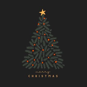 Kerstkaart minimalistische kersttakken oranje ballen donker