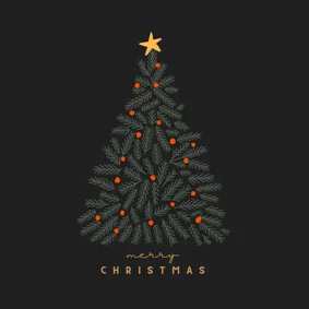 Kerstkaart minimalistische kersttakken oranje ballen donker