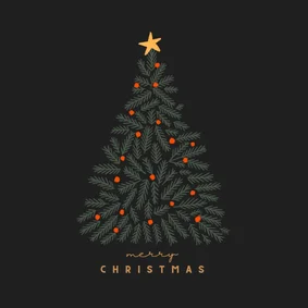Kerstkaart minimalistische kersttakken oranje ballen donker