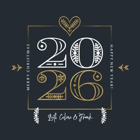 Kerstkaart modern typografisch 2026 retro hartje goud