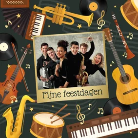 Kerstkaart muziek instrumenten foto goud fijne feestdagen